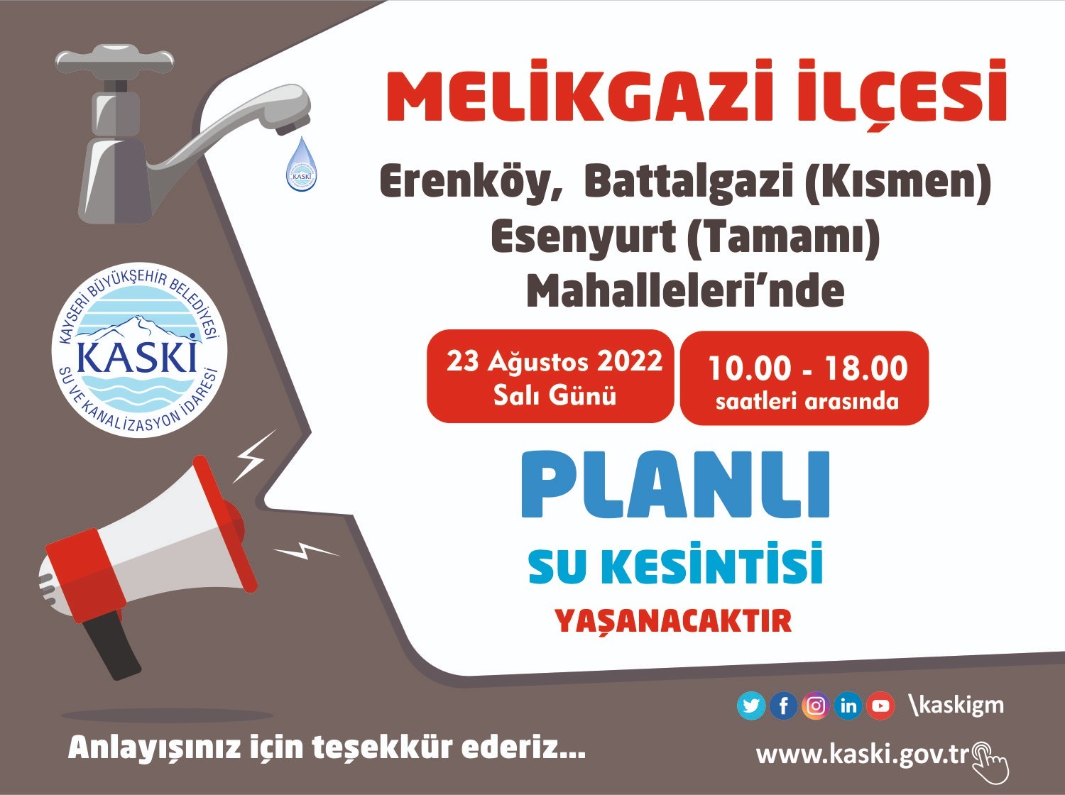 Salı günü Melikgazi’de su kesintisi yaşanacak