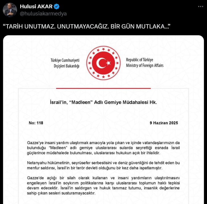 Hulusi Akar’dan Madleen gemisi tepkisi: “Tarih unutmaz, unutmayacağız”