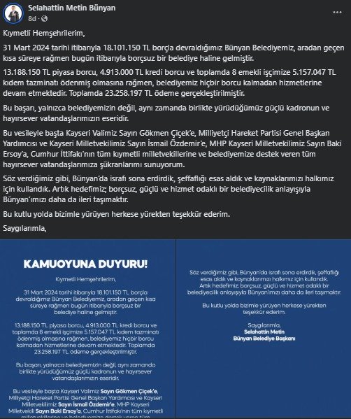 BÜNYAN BELEDİYESİ BORÇLARININ TAMAMINI ÖDEDİ
