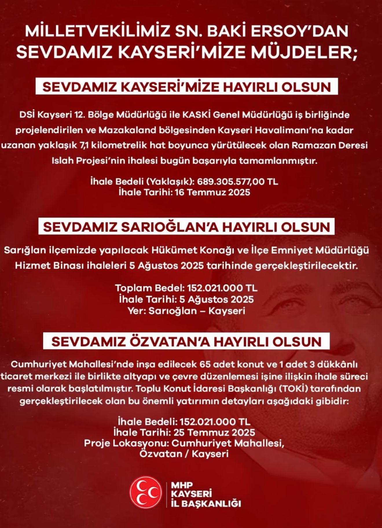 MİLLETVEKİLİ ERSOY’DAN KAYSERİ’YE 3 BÜYÜK YATIRIM MÜJDESİ