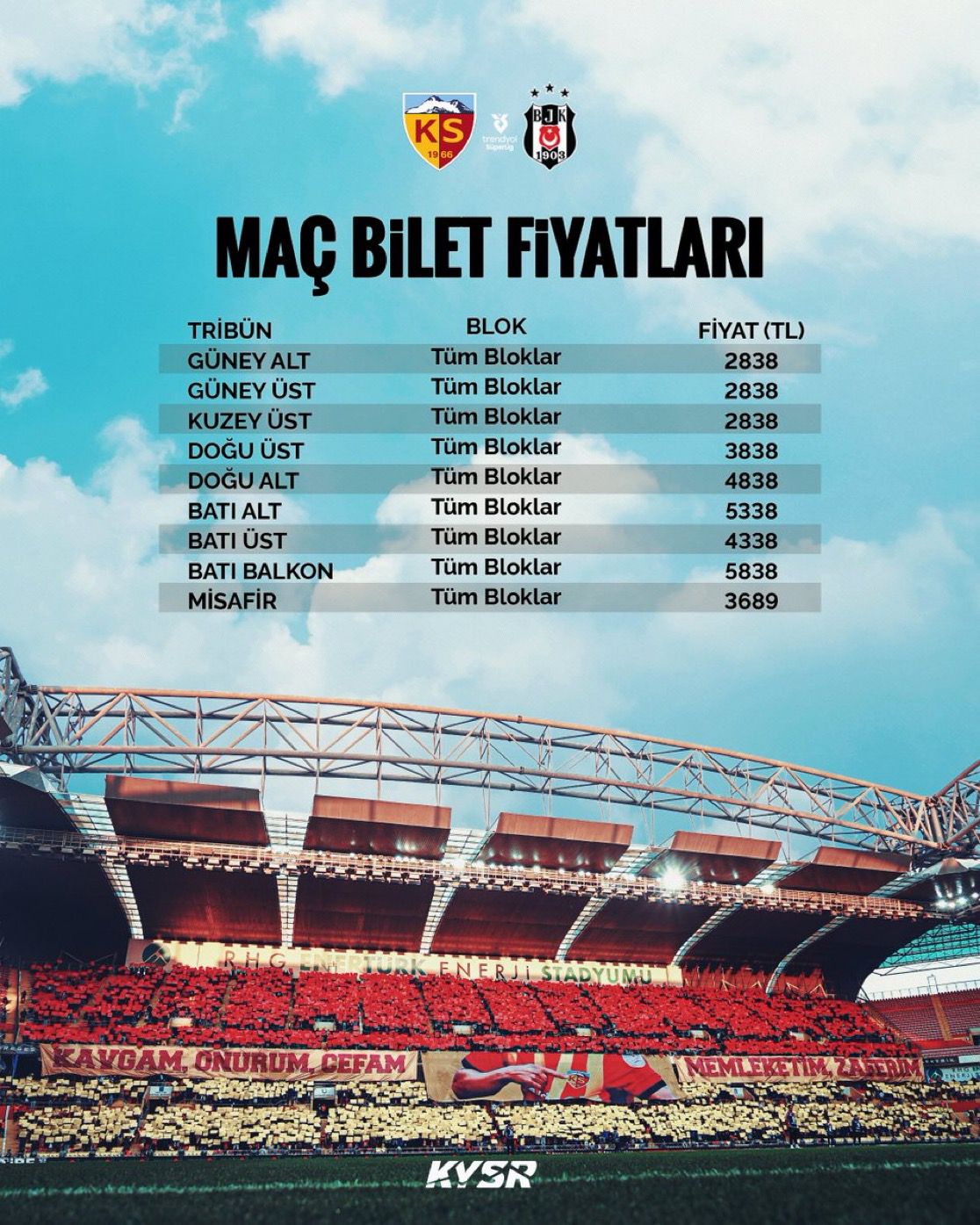 Kayserispor-Beşiktaş maçının bilet fiyatları belli oldu