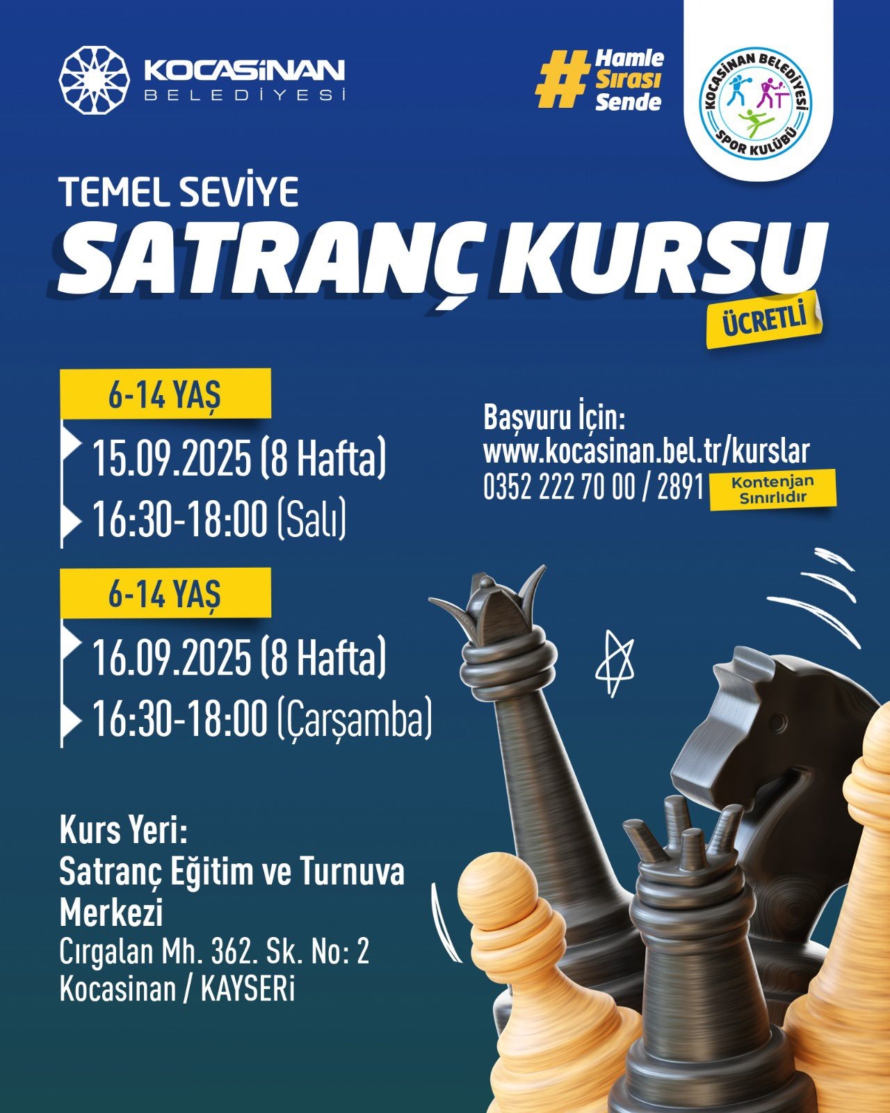 Kocasinan’da 6-14 yaş çocuklar için satranç kursu başlıyor