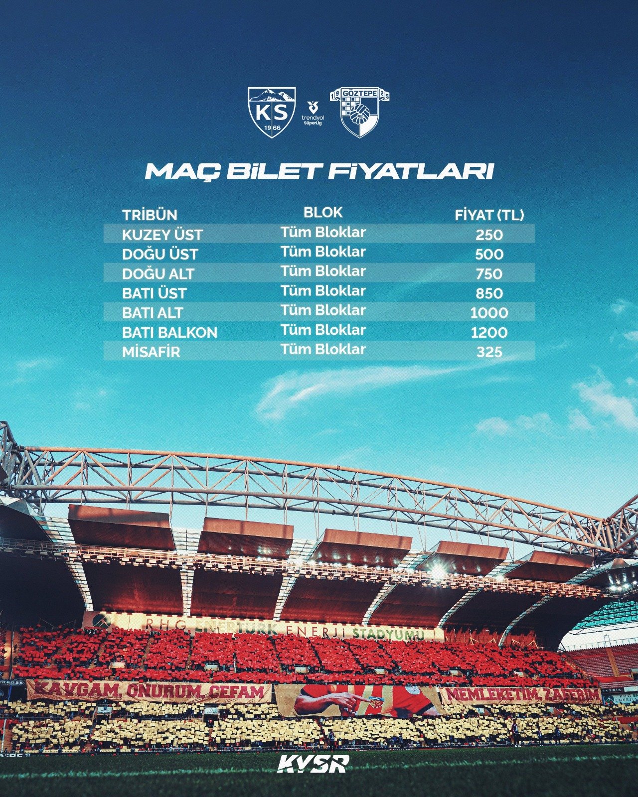 Kayserispor – Göztepe maç biletleri satışa çıktı