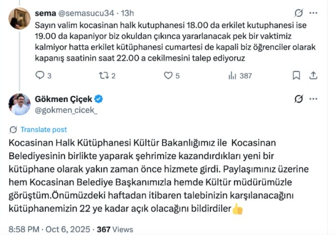 Kütüphane açılış saatlerini uzatıyor: Vali Çiçek talebe yanıt verdi