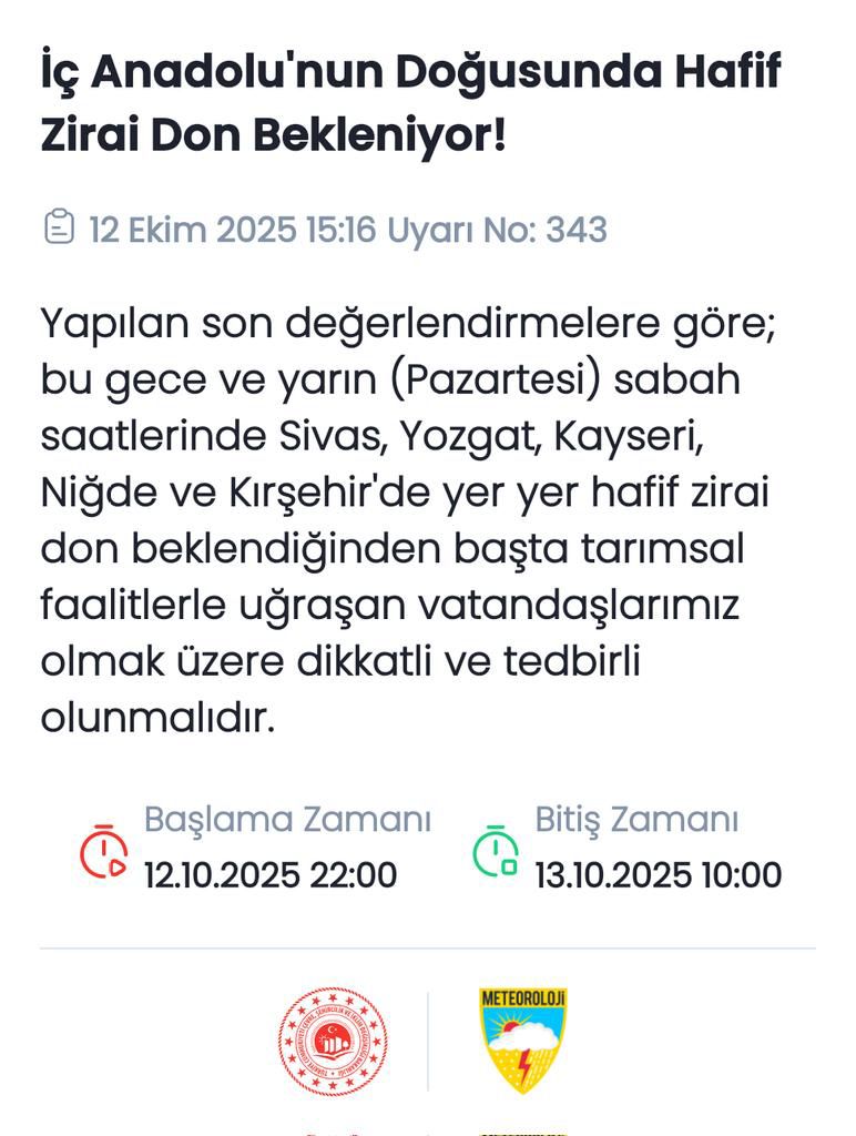 Kayseri’de hafif zirai don uyarısı