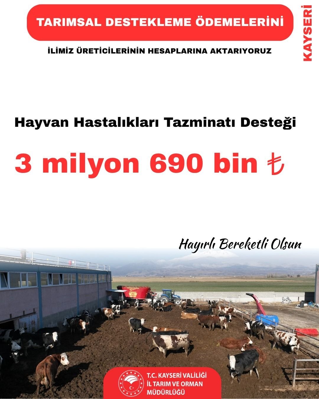 Kayseri’de üreticilere 3 milyon 690 bin liralık hayvan hastalıkları tazminatı desteği
