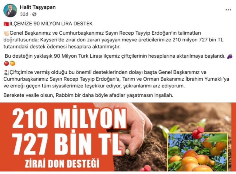 Başkan Taşyapan, “Zirai don kapsamında ilçemize 90 milyon liraya yakın destek verildi”