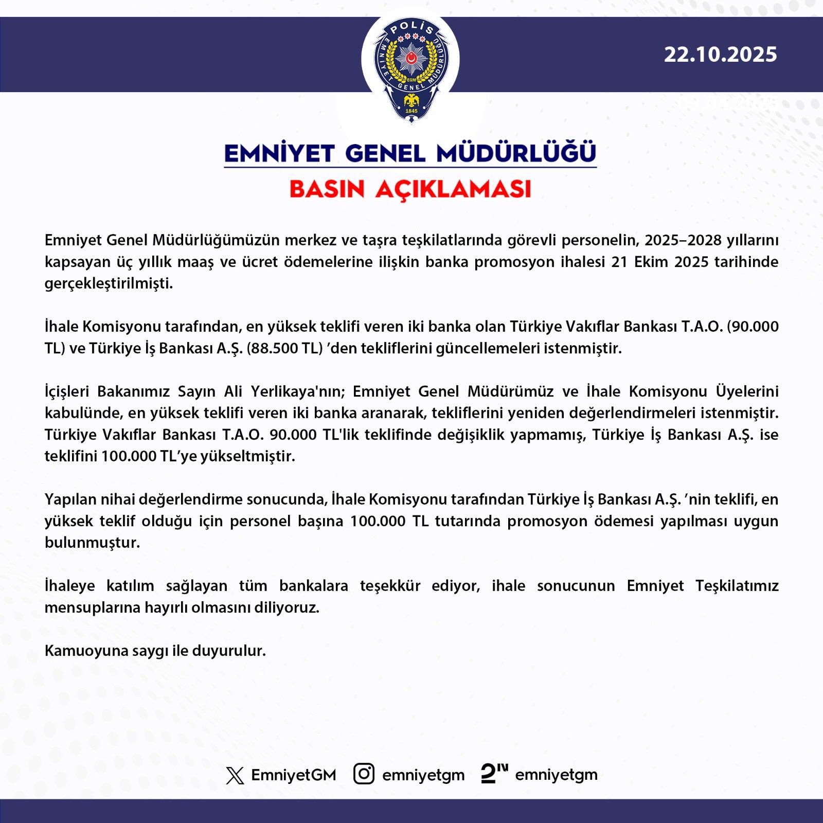 Emniyet Personeline verilecek promosyon 100 bin TL oldu