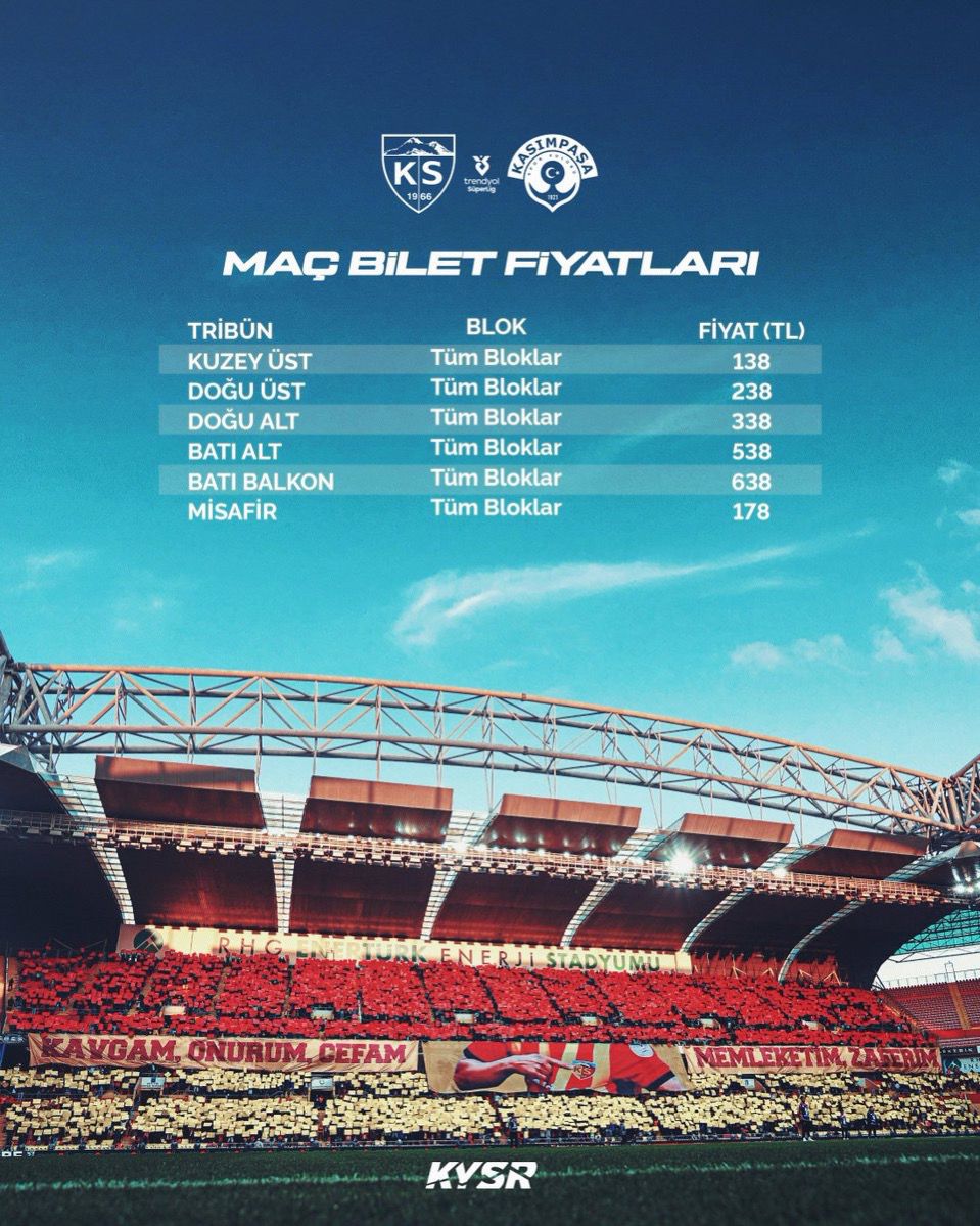Kayserispor – Kasımpaşa maç biletleri satışa çıktı