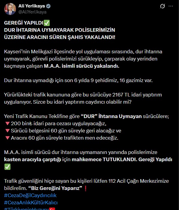Bakanı Yerlikaya: “Dur ihtarına uymayan sürücüler nedeniyle son 6 ayda 9 polis şehit oldu”