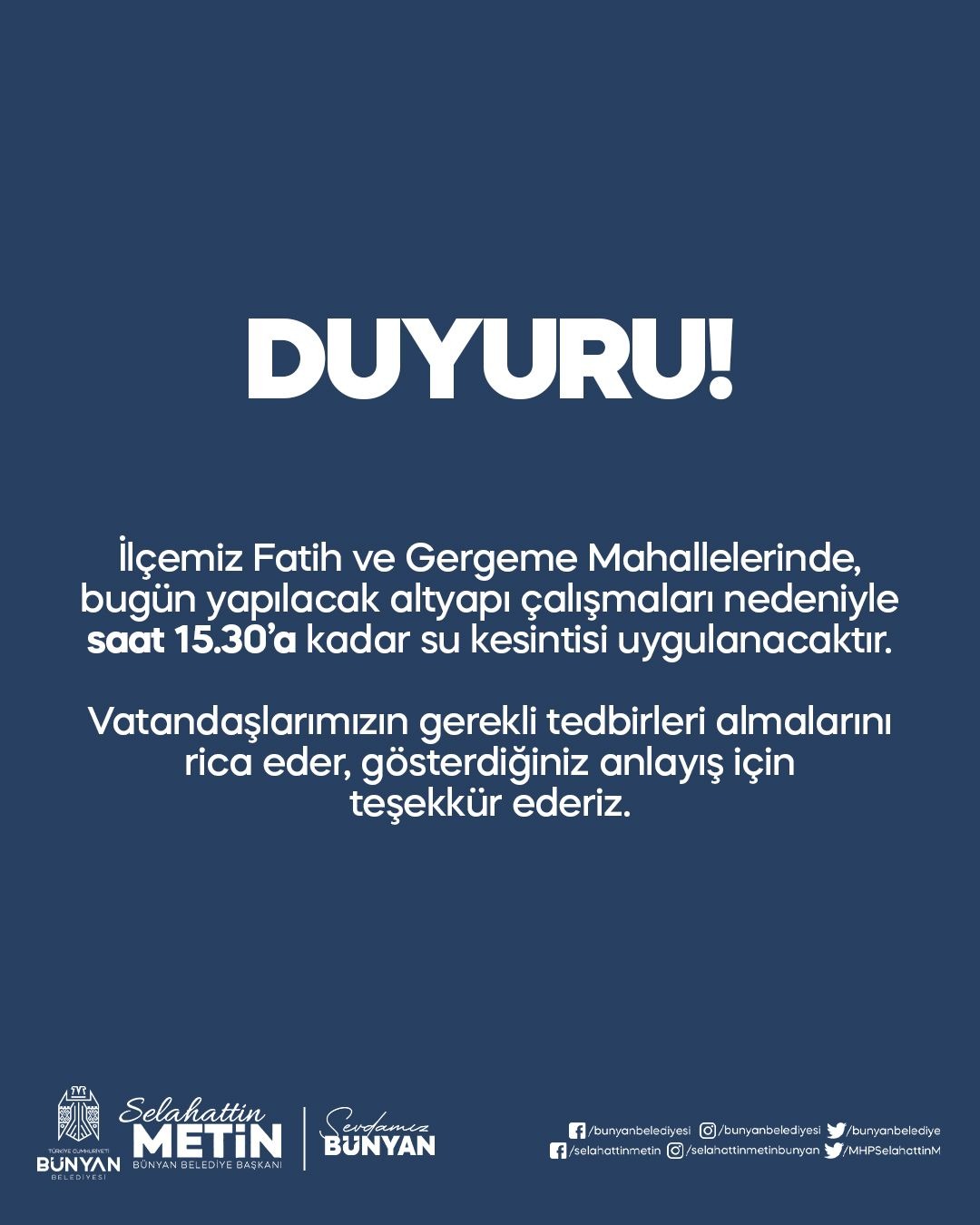 Bünyan Belediyesi’nden su kesintisi uyarısı