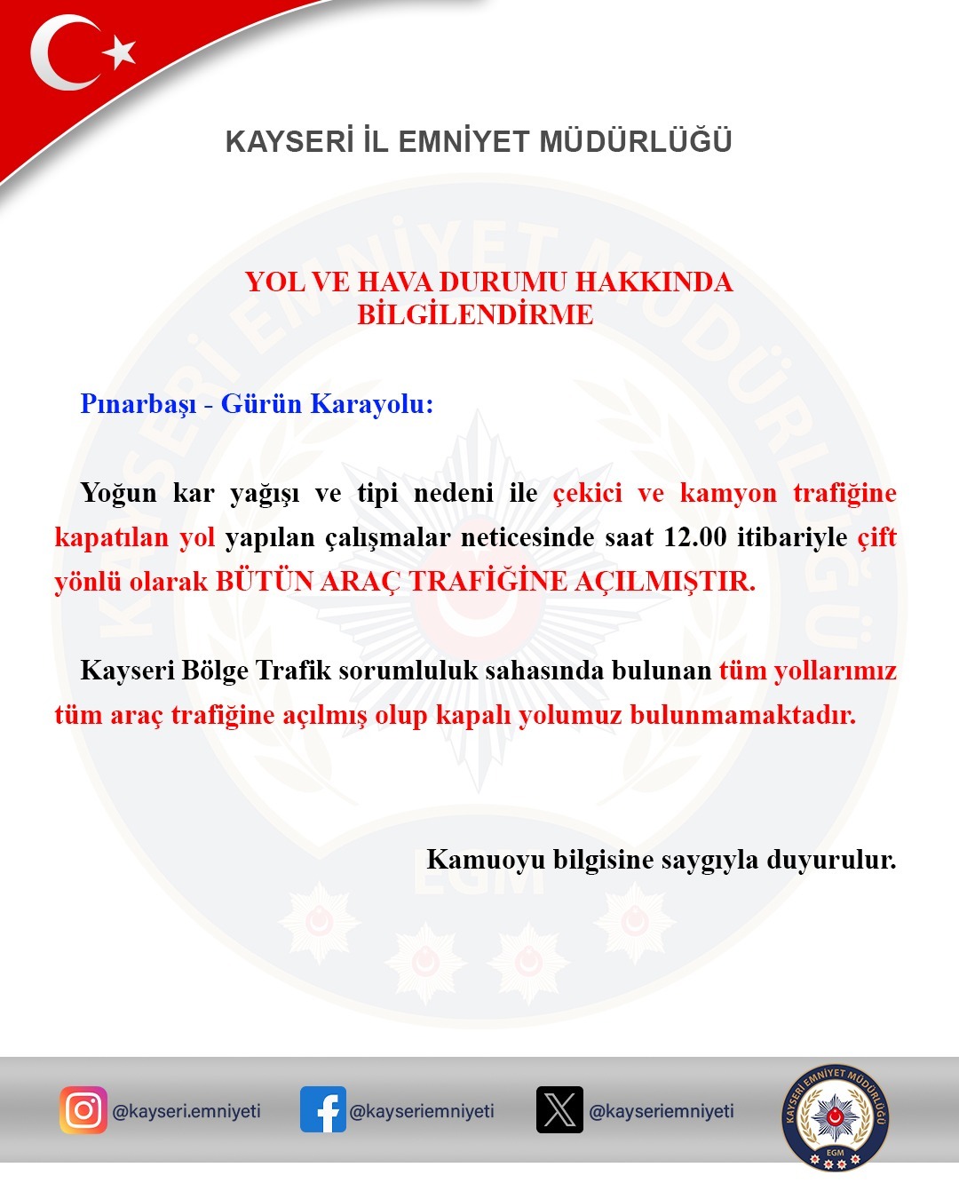 Pınarbaşı-Gürün karayolu tüm araçlar için trafiğe açıldı