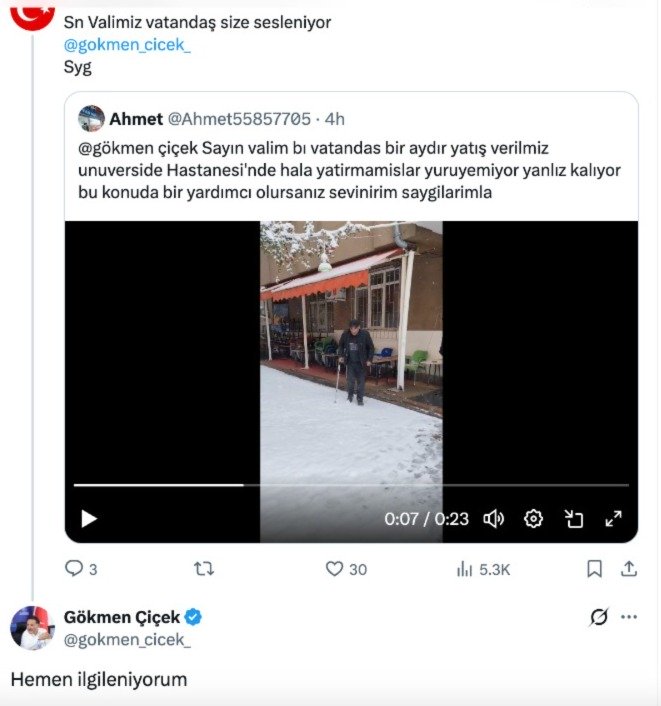 Vatandaş sosyal medya mecrasından seslendi, Vali Çiçek anında karşılık verdi